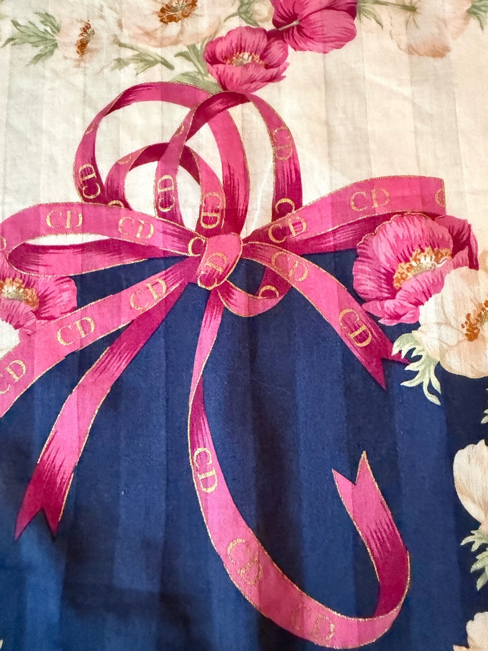Christian Dior Scarf Blue & White stripes, Floral & Vibrant Pink CD Ribbon
